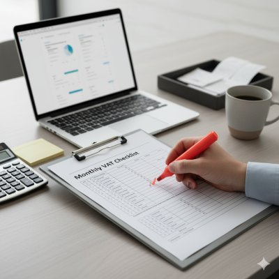 Main cochant une checklist TVA sur un bureau d’expert-comptable, style photoréaliste, Luxembourg.