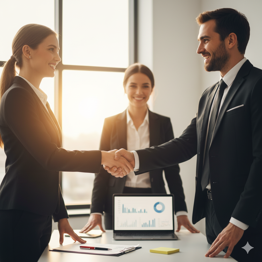 poignée de main entre deux personnes apres un contrat janissaire lux